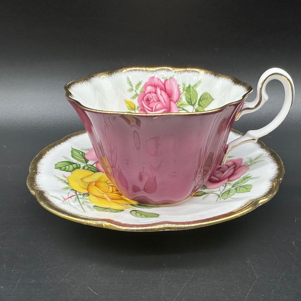Adderley Pink Yellow Roses Tea Cup Saucer Set Bone China England